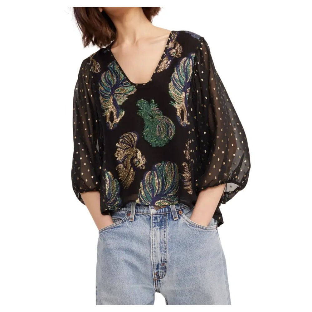 Cynthia Rowley night out black Metallic Dot Long Sleeve Blouse Top XS - Picture 8 of 9